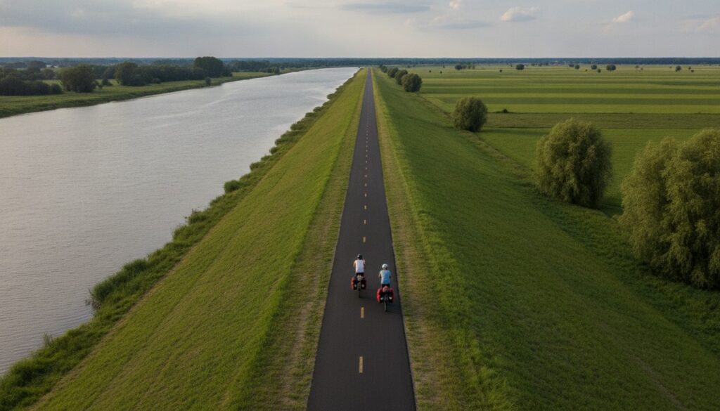 Asfaltowa droga rowerowa na wale przeciwpowodziowym na Żuławach