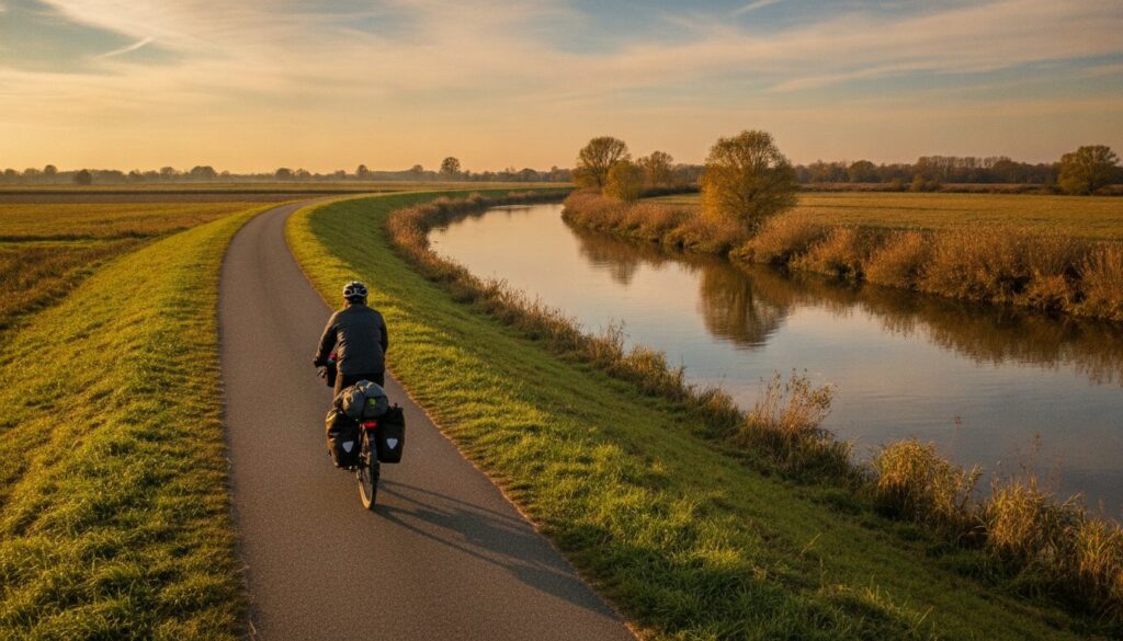 Rowerzysta z sakwami jedzie drogą rowerową wzdłuż wału nad Wisłą jesienią